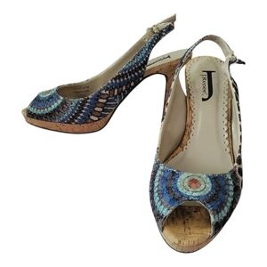 J. Renee Peacock Slingback Peep Toe Cork Heels Womens Size 8.5 Embroidered Boho